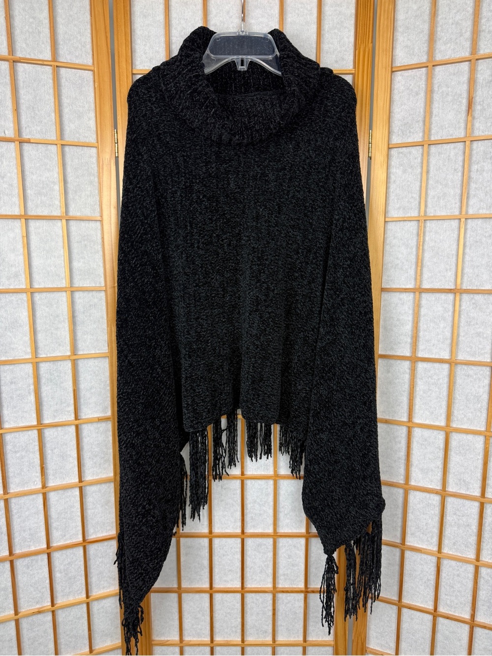 Britt's Knits Beyond Soft Cowl Neck Poncho Black Chenille Fringe OS